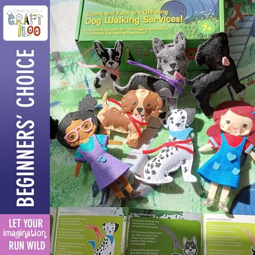 CRAFTILOO 8 Pre-Cut Dogs Stuffed Animal Fun Kids Sewing Kit for Kids Ages 8-12 Children Beginners Sewing kit Kid Puppy Crafts Felt Pillow Plush Craft Kit Girls and Boys - color: Emma & Kate's Dog Walking Services