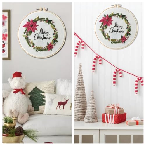 IUHUI Embroidery Kit for Beginners Adults - Merry Christmas Easy Patterns, DIY Hand Stitching Embroidery Set with Hoop (Christmas Wreath) - color: Christmas Wreath