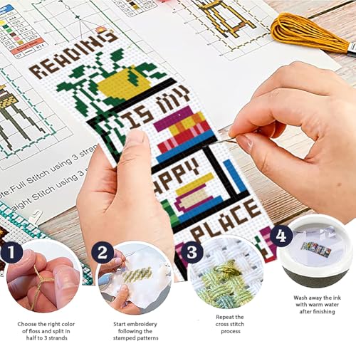 ACRNIGHEET 6PCS Cross Stitch Bookmark Kit for Beginner Stamped Cross Stitch Kits for Adults Bookshelves DIY Tassel Embroidery Bookmark Kits Needlepoint Kit with Instructions Craft Gift 8.5''x3'' 11CT - style: Words and bookshelf patterns 2