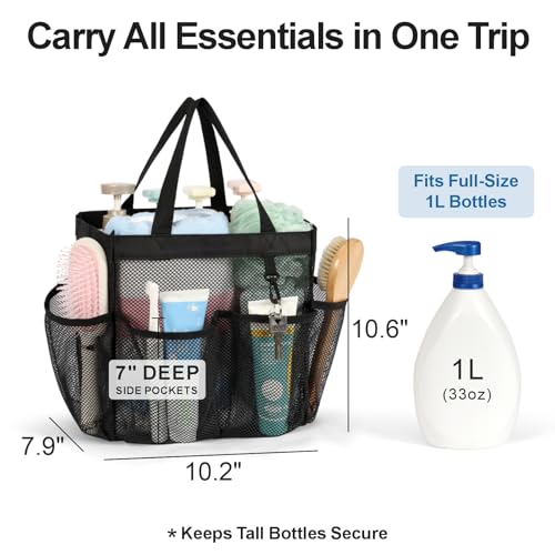 Mesh Shower Caddy Portable - 8 Pockets, S-Hook, Shower Bag for Dorm Camping - color: 1 Pack Black, size: L (Classic Dorm Caddy)