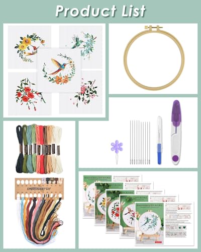 ERKOON 5 Sets Embroidery Kit for Beginners Adult Hummingbird Cross Stitch - color: Hummingbird