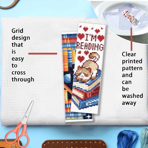 FREEBLOSS 6 Set Cross Stitch Bookmark Kit 11CT DIY Cross Stitch Kits Books Pattern Stamped Embroidery Kit with Instructions Bookmark Making Set for Adult Beginners 8x2.4inch