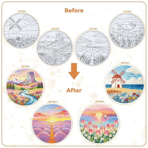 BEUNITONE 4 Set Embroidery Kits for Beginners, Pink Scenery Design with Pre-Stamped Pattern Craft Kits Include Instruction and Hoops, 7.9"x7.9" Needlepoint Kits for Festival Gifts and Home Decor - style: C-Dreamy Scenery