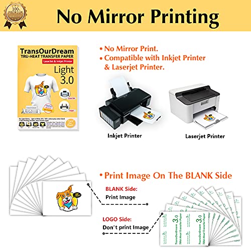 TransOurDream Tru-Heat Transfer Paper for Inkjet & Laserjet Printer (100 Sheets 8.5x11", 3.0) Printable HTV Heat Transfer Vinyl for T Shirts Iron On transfers for Light Fabrics (TRANS-L3-1-100) - color: Light, size: 100 Sheets