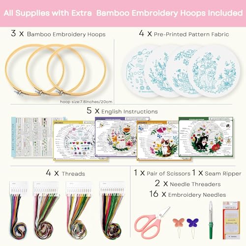 4-Piece Cat Embroidery Kit for Beginners, Needle Point Kit Adults Beginner