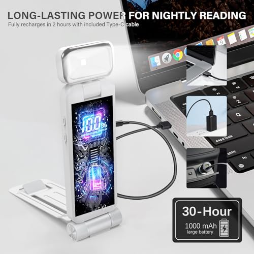 KTEBO Rechargeable Book Light with Clip & Battery Indicator, 9 Luminescence Modes, USB-C Portable 1.6 oz Ultralight Lamp for Night Reading in Bed, Readers - White - color: White