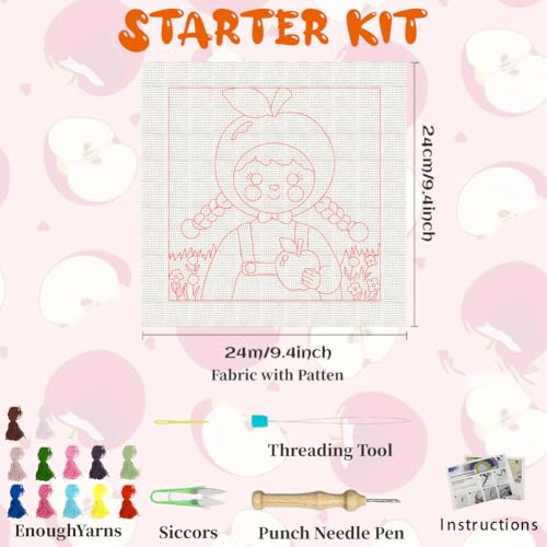 BEUNITONE 2PCS Fruit Girl Pattern Punch Needle Kit for Adults Beginners, Complete Craft Kit Needlepoint Kits for Adults with Hoop, Punch Needle Starter Craft Set for Cloth Festival Gift and Home Decor - color: 06-Fruit Girl