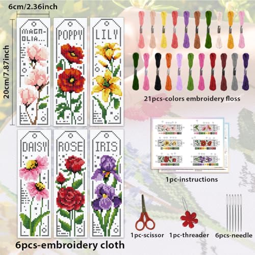 ACRNIGHEET 6PCS Cross Stitch Bookmark Kits for Beginner Flower Crossstitch Kits Adult Rose Daisy Lily Stamped Embroidery Bookmarks with Accessories for Adults Craft Gift 11CT - style: Floral patterns 2