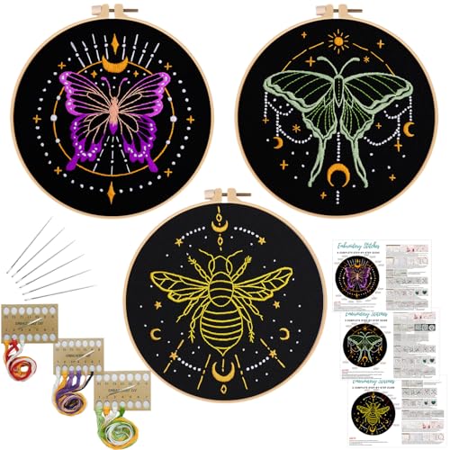 Louise Maelys 3 Sets Tarot Embroidery Kits for Beginners,Cross Stitch Kit for Adults,Crewel Starters Needlepoint with Moon, Butterfly, Bee and Moth Pattern and Tool - color: Tarot