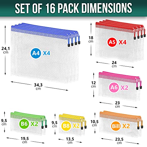 16 Pack Assorted Sizes Plastic Mesh Zipper Pouches for Storage & Organize Board Games - Puzzles - Documents - Bills - School and Office Supplies - Travel - Makeup - Multisize Mesh Zipper Pouch - size: 16 Pack Multisize