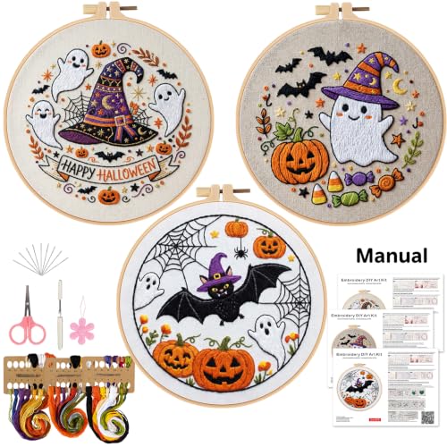 Halloween Embroidery Kit for Beginners with Pumpkin Ghost Patterns&Guide - color: Halloween