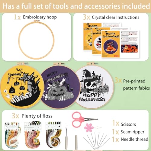 Ohcol 3 Sets Halloween Embroidery Kit,Needlepoint Kits for Adults with Clear Instructions - color: Halloween