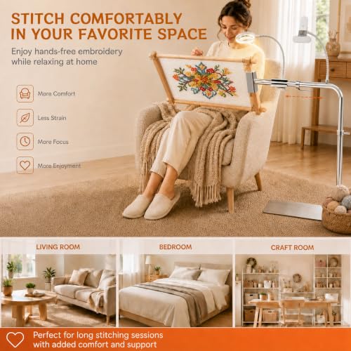 Needlepoint Stand, Adjustable Embroidery Stand & Cross Stitch Floor Stand with Lighted Magnifier, Heavy Duty Metal Frame Stand Holder for Hoops, Q-Snap & Scroll Rods up to 20" Wide