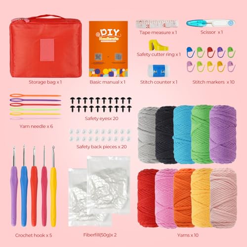 iptek Crochet Kit for Beginners Adults，Crochet Yarn for Beginners, 10colors Total Crochet Yarn Kits with Easy-to -See Stitches，Includes Basic Stitch Guide and extensive amigurumi Video tutorials. - color: red