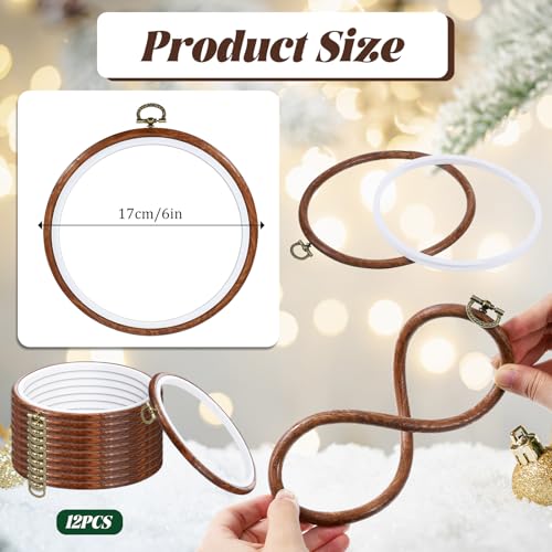 Oqqlin 12 Pcs Round Embroidery Hoop, 6 Inch Imitation Wood Embroidery Hoops Decorative Round Rubber Cross Stitch Hoop Ring for Sewing, DIY Craft, Hanging Decor - size: 6 Inch