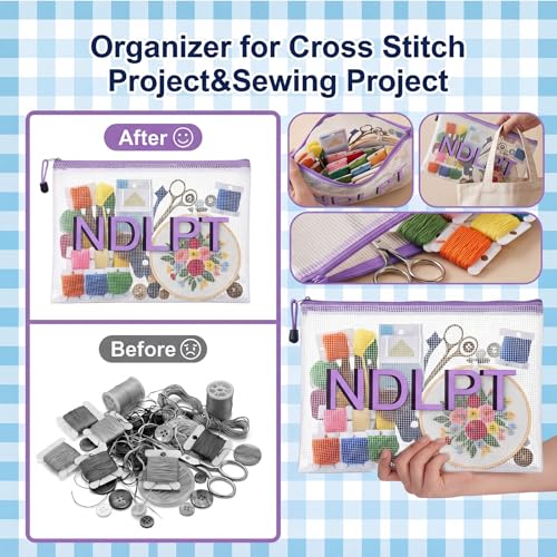Sabary 2 Pcs Needlepoint Project Bag Clear Mesh Zipper Organizer, Purple - color: clear, purple