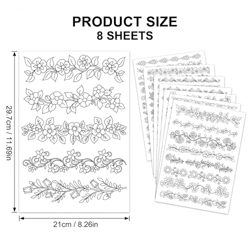 ZJO Flower Vine Embroidery Pattern Stabilizer, 8 Sheets Stick and Stitch Embroidery Paper Patterns, Wash Away Embroidery Stickers for Beginners, 8.3 x 11.7 Inches