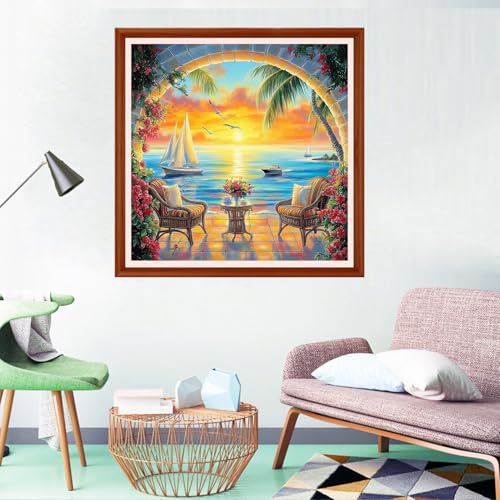 Redxing Counted Cross Stitch Kit for Beginners,Unprinted Needlepoint Kits for Beginners Cross Stitching Embroidery Kit 11CT Stitches kit-Sunrise by the Sea 18x18 inch - color: Setpattern12