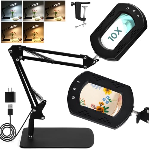 Caydo 10X Magnifying Glass with Light and Stand for Embroidery, Reading, Sewing and Painting Close Work, 5 Color Hands-Free Magnifying Desk Lamp