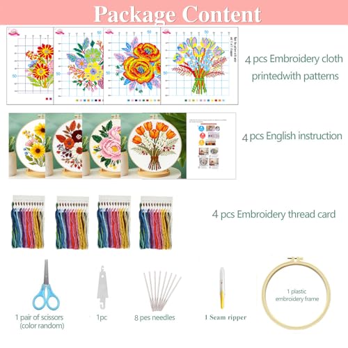 Zhenqing 4-Piece Floral Cross Stitch Kit for Beginners - Complete Set with Pre-Printed 11CT 24x24cm Fabric, Hoop, Threads & Tools (Sunflower, Peony, Tulip Designs)(70362) - color: 70362