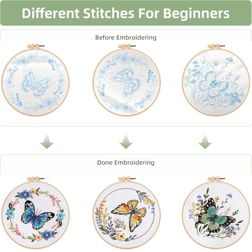 GLTAYLMY 3 Sets Butterfly Embroidery Starter Kit for Beginners Flower Stamped Cross Stitch Kits with Instructions for Beginners Adults Include Embroidery Hoop Threads and Needles - color: BU1EBK