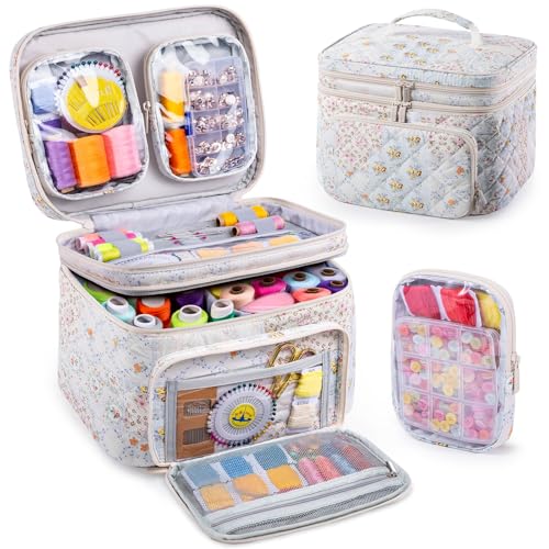 AMOIGEE Large Sewing Basket with 2 Detachable Pouches & Removable Dividers - color: Flower Patchwork