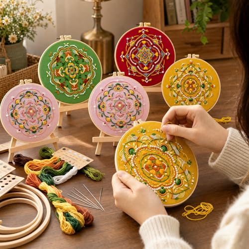 Qupace 3 Pcs Boho Embroidery Kits for Beginners Adults,Red Cross Stitch Sewing Craft Set with 3 Embroidery Hoops & 3 Finished Stands, Floral Pattern Needlework Kit - color: Red