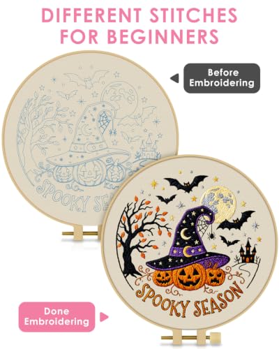 TINDTOP Halloween Embroidery Kit for Adult, Embroidery DIY Starter Kit, with Stamped Patterns, Hoop, Tools, Colorful Threads with Needles, Instructions (Halloween A) - color: Halloween A