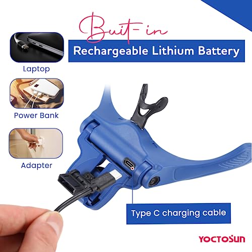 YOCTOSUN Magnifying Glasses with Light, Hands Free Headband Magnifier with 4 LED Lights and 5 Detachable Lenses 1X to 3.5X,Rechargeable Head Magnifier Glasses for Crafts, Hobby, Close Work - color: Deep Blue