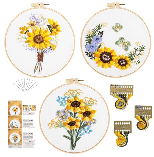 GLTAYLMY 3 Sets Embroidery Starter Kit with Pattern and Instructions, Cross Stitch Set, Stamped Embroidery Kits with 3 Embroidery Clothes with Pattern, 1 Embroidery Hoop(Sunflower) - color: Sunflower