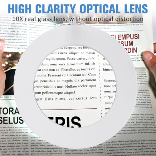 LANCOSC 10X Magnifying Glass with Light and Stand, Optical-Grade Glass Lens, 3 Color Modes Stepless Dimmable, Adjustable Swivel Arm, LED Magnifier Desk Lamp for Close Work Repair Crafts Reading, White