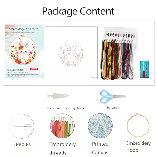 Zhenqing Fairy Tale Rabbit Embroidery Kit for Beginners, 29x29cm Pre-Printed Cotton Fabric with 20cm Hoop, Cute Bunny with Flowers Design for Home Decor(C0049)