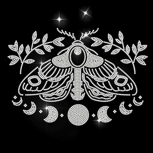 MAYJOYDIY Moth Moon Phase Rhinestone Iron on Hotfix Transfer Branch Leaves Star Heat Transfer Sticker Bling Rhinestone Clothing Decoration Applique for Shirt Bag Hat Jacket Jeans Shoes DIY Crafts - style: Moth Moon Phase