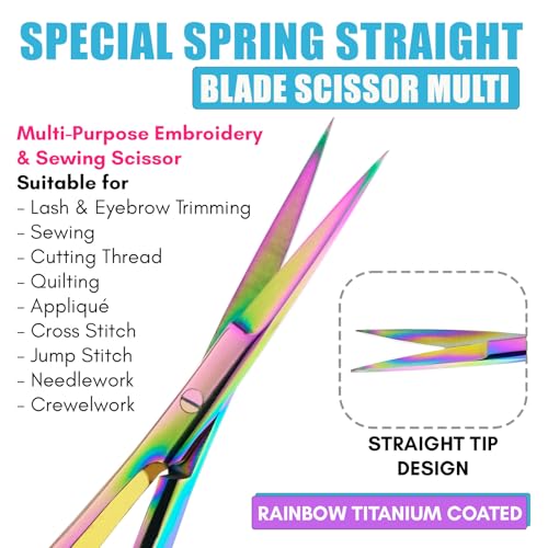 Cross Edge Spring Scissors 5 Inch straight Stainless-Steel Precision Eyebrow & Eyelash Shaping Trimming Scissor, Squeeze, Embroidery, Knitting Micro Tip Craft Scissors (Rainbow Glitter White) - color: Cec-ss-07