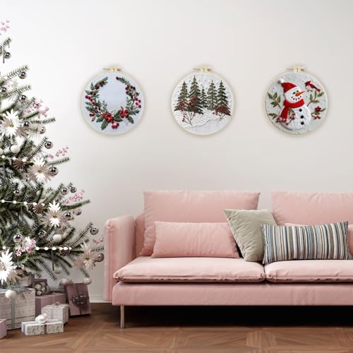 LB Red Christmas Embroidery Kit for Beginners Adults, 3 Sets Hand Embroidery Starter Kit with Cute Snowman and Instructions Stamped Cross Stitch Kits Include Embroidery Hoop Needles Threads Scissors - color: Red White