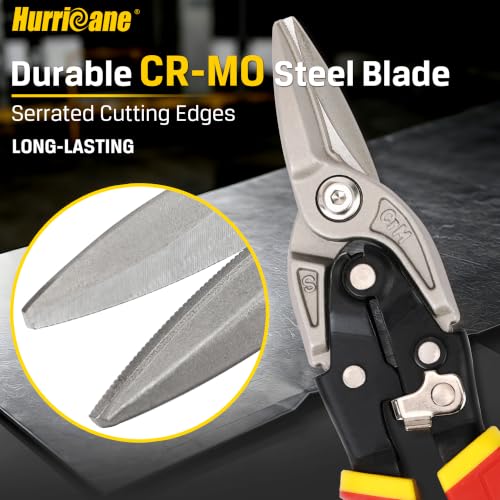 HURRICANE 10 Inch Aviation Tin Snips, Premium CR-MO Blade Straight Cut Metal Shears, High-Leverage for Sheet Metal, HVAC, Gutter and DIY Projects, with Safety Lock & Comfort Grip Handle
