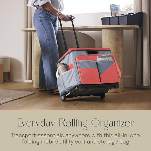 Folding Mobile Utility Cart, Canvas Organizer Bag, Red/Grey - color: Red/Grey