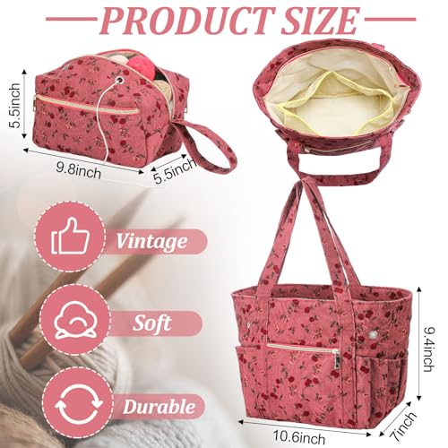Bulyoou 2 Pcs Crochet Tote and Yarn Bag Set Corduroy Yarn Holder, Flower