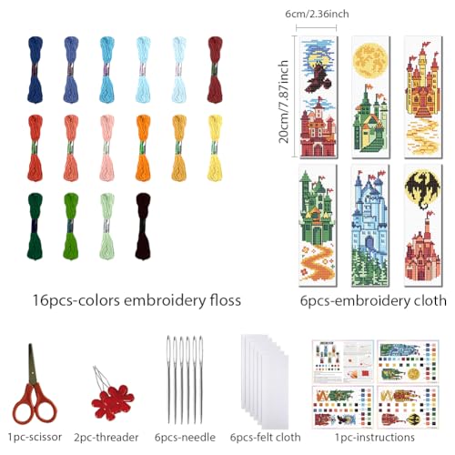 FREEBLOSS 6 Set Cross Stitch Bookmark Kit Cross Stitch Kit Castle Stamped Embroidery Bookmark with Instruction Cross Stitch Kits for Adults DIY Bookmark Kit 8.66''x3.15'' - style: Castle