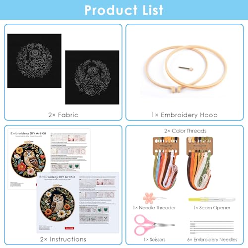 ERKOON Embroidery Kit for Beginners, 2 Set Flower Cross Stitch Set Include Embroidery Cloth Hoops Threads for Craft Lover Hand Stitch with Embroidery Skill Techniques (Owl) - color: Owl
