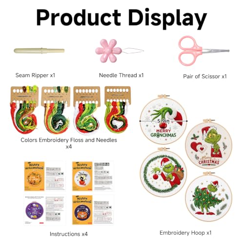 BBLYBD Christmas Embroidery Kit, 4 Set Embroidery Starter Kit, Cross Stitch Kits with Pre-Printed Embroidery Fabric, Hoops, Step-by-Step Instructions, Color Threads & Needles (Christmas02-4 Set) - color: Christmas02-4 Set