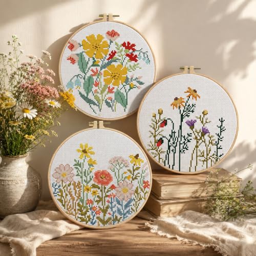 3 Pack Stamped Cross Stitch Kits for Beginners-Wild Flowers,with Hoop - color: Wild Flowers-2607