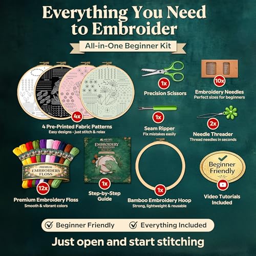 Embroidery Kit for Beginners Adults, 4 Pre-Printed Cloths, 41 Stitches - color: Beginners - Floral & Mushroom