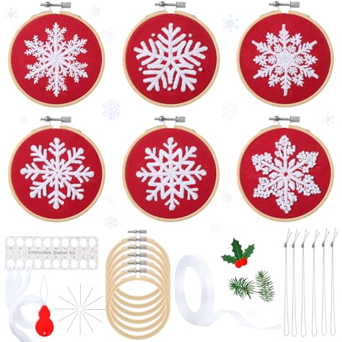 Roowest 6 Sets Christmas Embroidery Kits Snowflake Ornament DIY,Red - color: Red