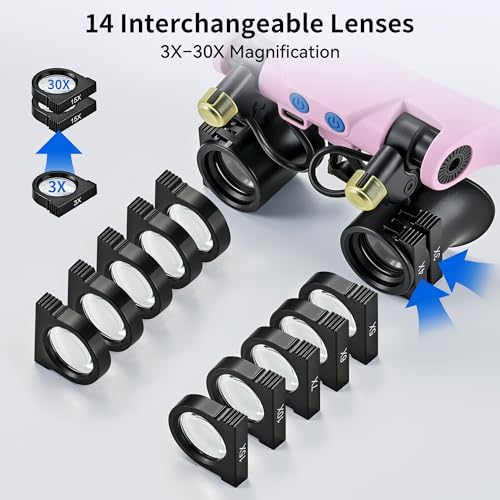 JARLINK Magnifying Glasses with LED Light, 14 Lenses, Hands Free, Pink - color: Pink