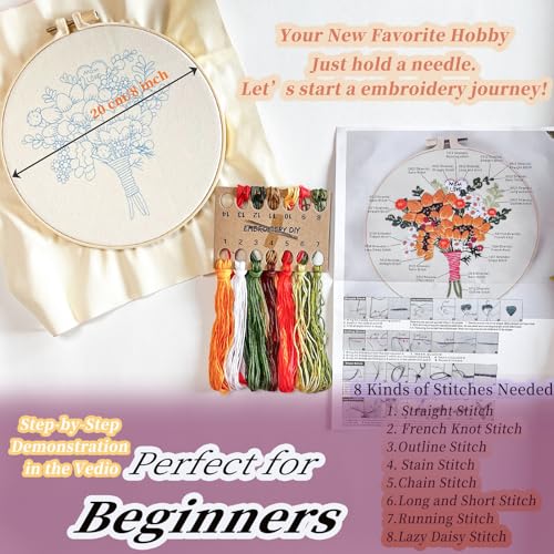 FONNUY Bouquet Flowers Embroidery Kit Love Mom for Beginners, Pre-Stamped Pattern Kits for Adults with Hoop, Easy to Follow Color Thread Needlework, 8'' Hoop (Sunflowers) - color: Sunflowers