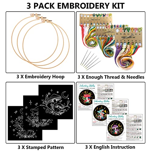 Nuberlic 3 Pack Embroidery Kit for Beginners, Mushroom Cross Stitch Kit - color: Kit 1