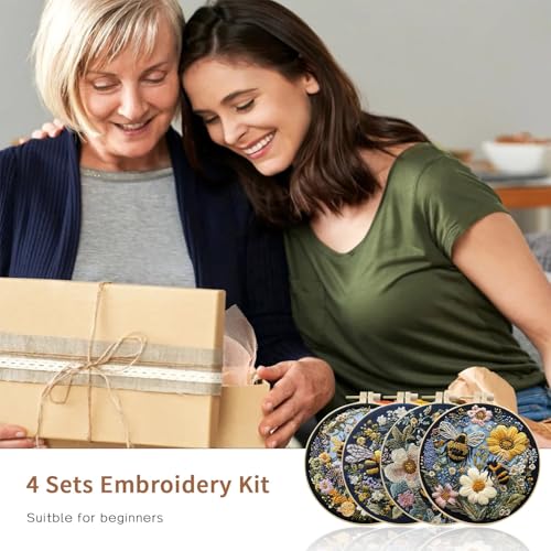 LB 4 Pack Yellow Bee Floral Embroidery Kit for Beginners Green Plant Beginner Embroidery Kit for Adults DIY Starter Kit with Embroidery Hoop Colorful Threads Tools Step by Step Instructions - color: Yellow and Green