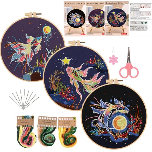 Konrisa Stamped Embroidery Kit for Adults, 3 Set Elegant Goldfish DIY Sewing Needlepoint Cross Stitch Kit with Embroidery Floss,Hoops,Color Thread,Needle,1 pc Hoop - color: fish