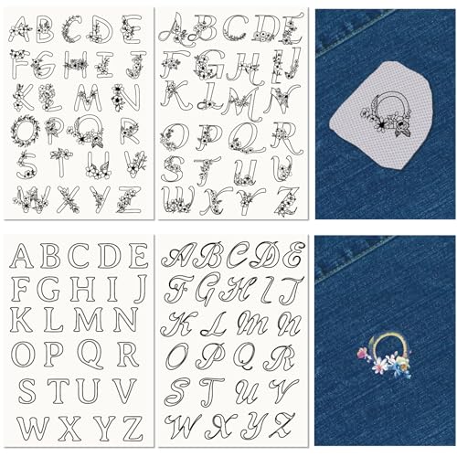 CRASPIRE 4 Sheets 104Pcs A-Z Letters Water Soluble Embroidery Patterns Stabilizers Alphabet Hand Sewing Stick and Stitch A4 Transfers Fabric Wash Away Pre-Printed Self Adhesive for Cloth DIY Lovers